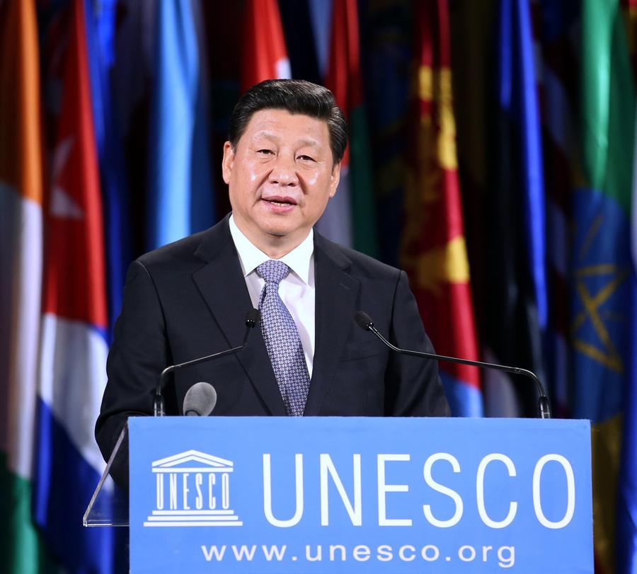 2014년 3월 27일 파리 유네스코(UNESCO) 본부에서 연설 중인 시 주석. (사진/신화통신)